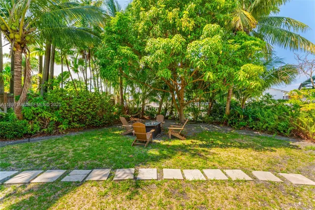 a view of a backyard with sitting area