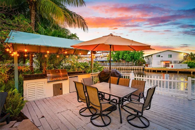 a view of a roof deck with table and chairs under an umbrella with wooden floor