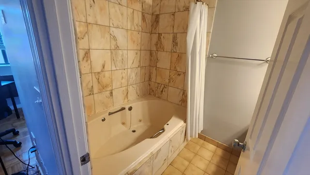 a bathroom with a bathtub