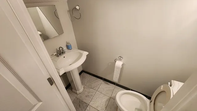 a bathroom with a sink a toilet and mirror