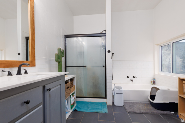 3902 Beaver Creek Road Kamas, UT 84036 - Photo 15 of 33 Bathroom featuring vanity, a bath, a stall shower, dark tile patterned flooring, and tile walls