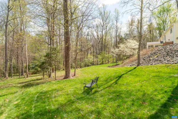 a view of a yard with plants and a fountain