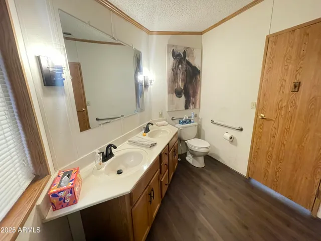 a bathroom with a sink and mirror with toilet