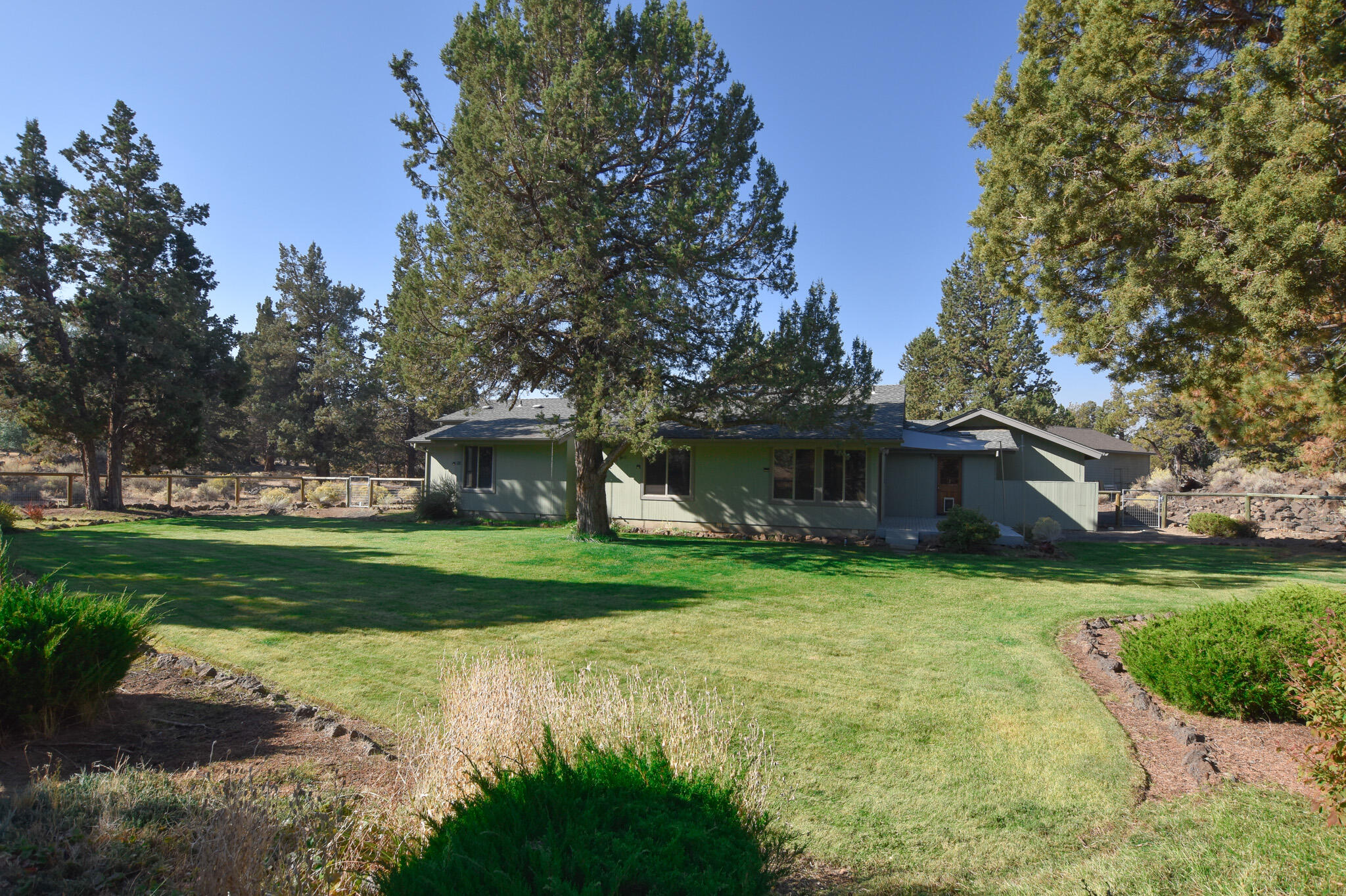 64730 Sylvan Loop Bend, OR 97701 - Photo 35 of 46 a view of a wooden house with a yard and large trees