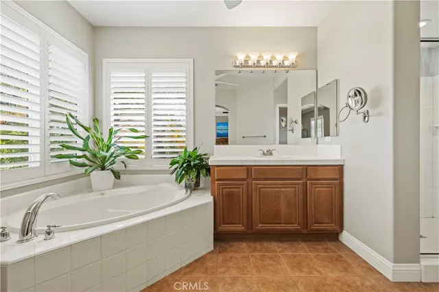 a bathroom with a tub a double vanity sink and a mirror