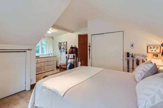 a bedroom with a bed and a closet