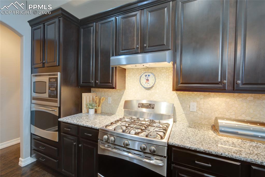 1112 Spectrum Loop Colorado Springs, CO 80921 - Photo 8 of 50 Kitchen featuring appliances with stainless steel finishes, decorative backsplash, under cabinet range hood, light stone counters, and dark brown cabinetry