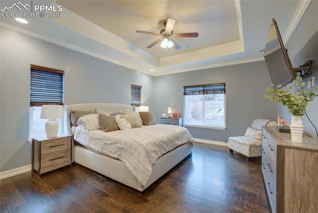 1112 Spectrum Loop Colorado Springs, CO 80921 - Photo 10 of 50 Bedroom featuring crown molding, dark wood-style floors, ceiling fan, and a raised ceiling