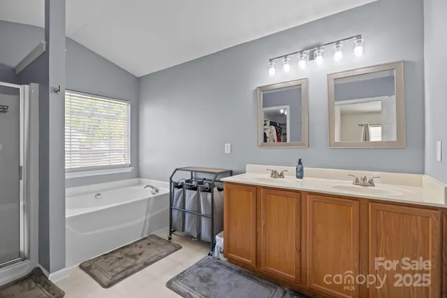 a bathroom with a tub sink and mirror