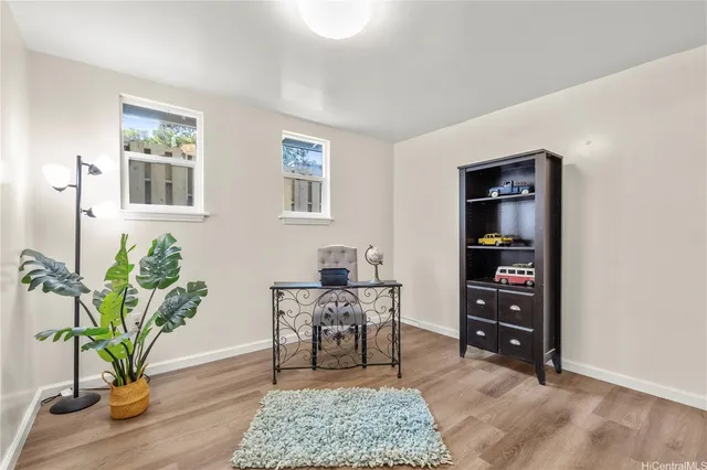 a living room with furniture and a potted plant