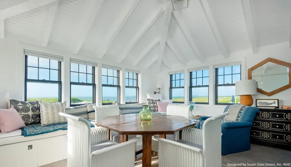 a view of a dining room with furniture window and outside view