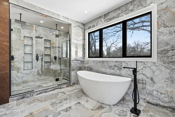 a bathroom with a shower curtain
