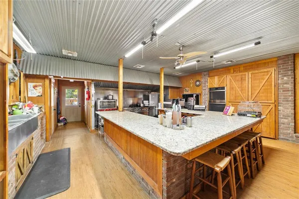 a room with furniture a rug and a potted plant