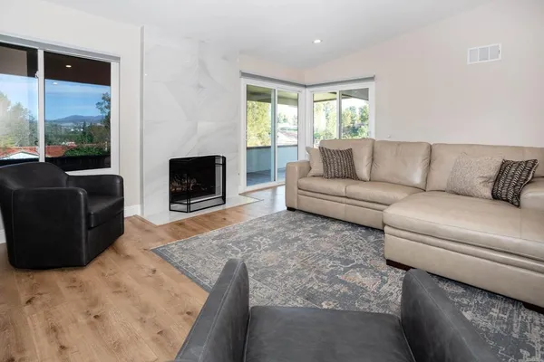 a living room with furniture window and a fireplace