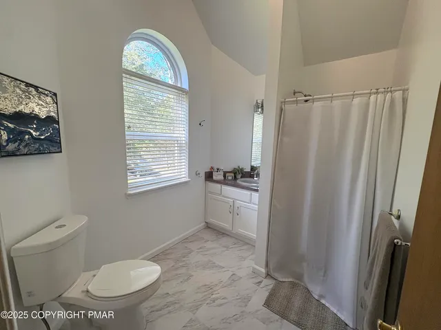 a bathroom with a double vanity sink toilet mirror and shower