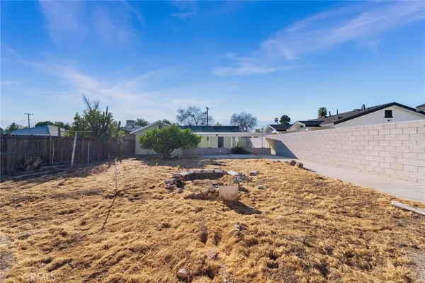a view of a dry yard with trees