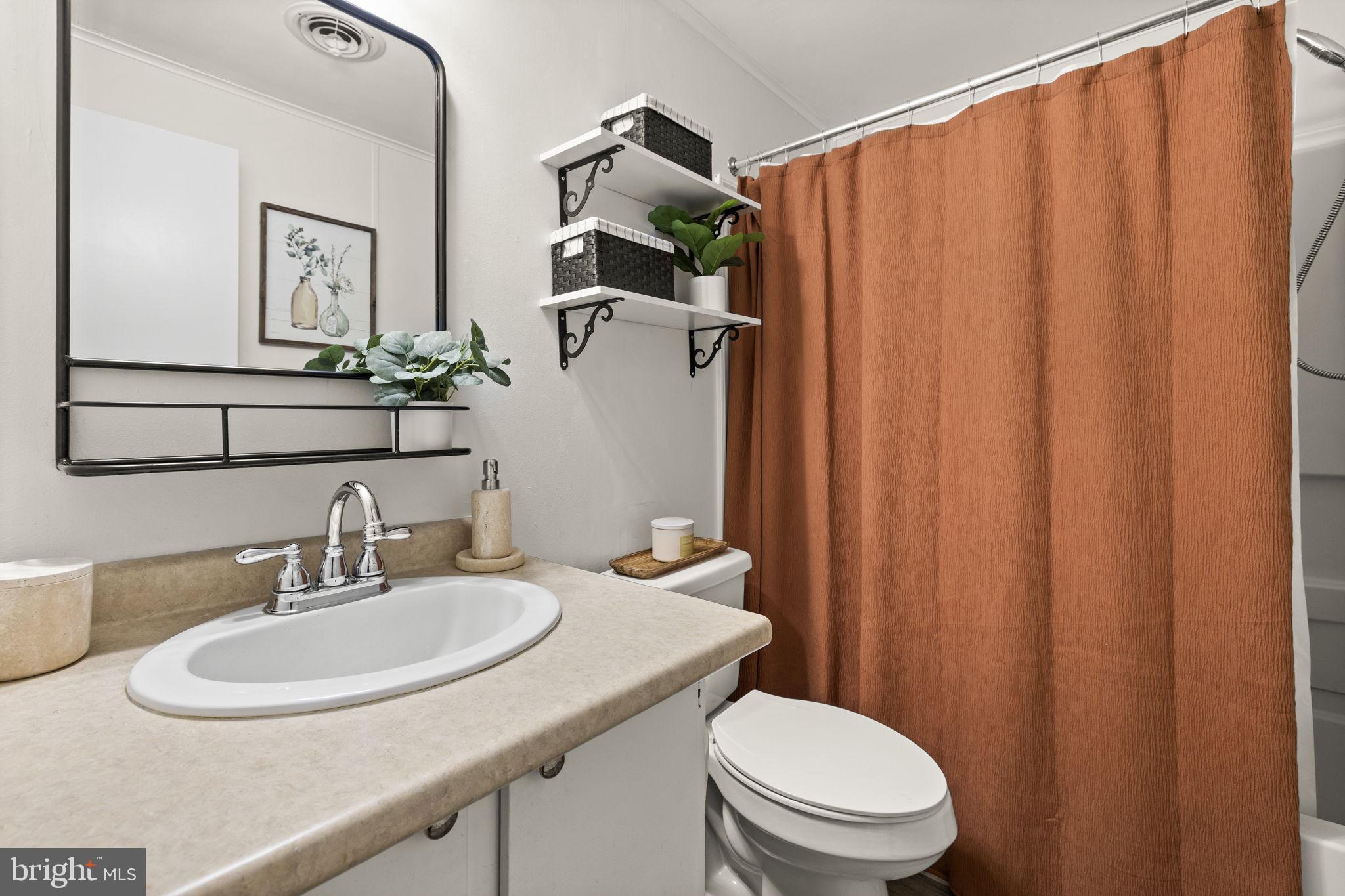 9523 Brock Road Spotsylvania, VA 22553 - Photo 36 of 44 a bathroom with a sink a toilet a mirror and shower curtain