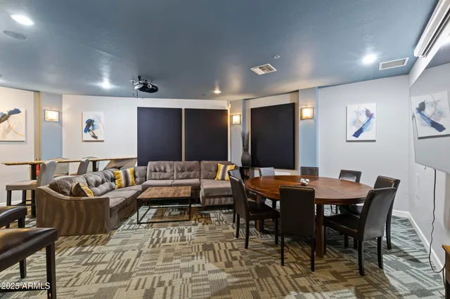 a view of a dining room with furniture