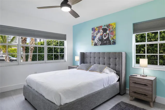 a bedroom with a bed and a large window