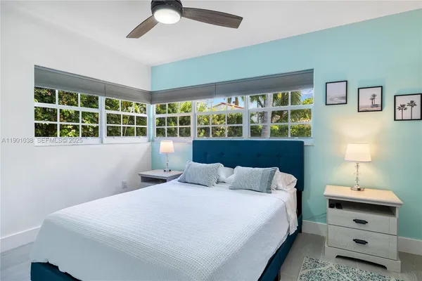 a bedroom with a bed and a large window