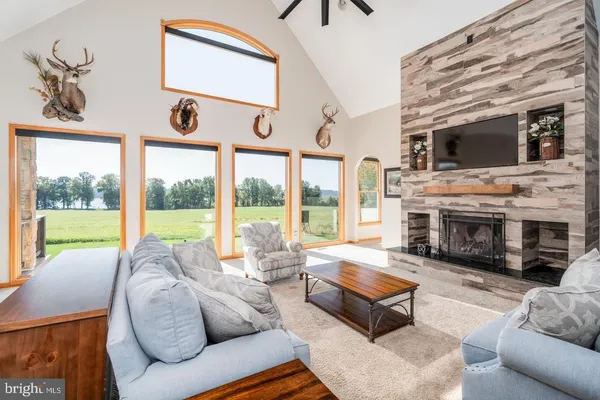 a living room with furniture a fireplace and a flat screen tv