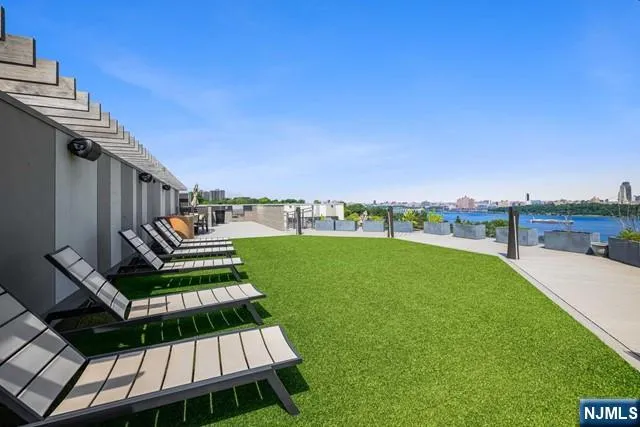 a view of a garden with lawn chairs