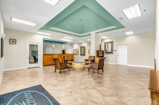 a lobby with furniture