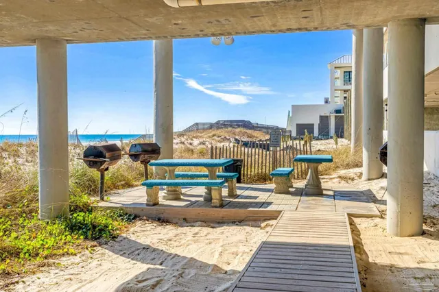 a building outdoor space with seating space