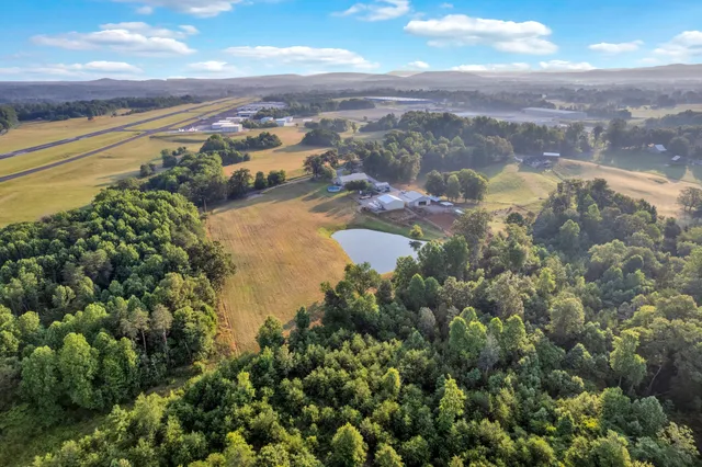 a view of a swimming pool with a yard and mountain in the background