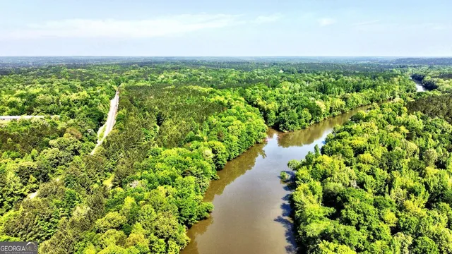 a view of a lake with a garden
