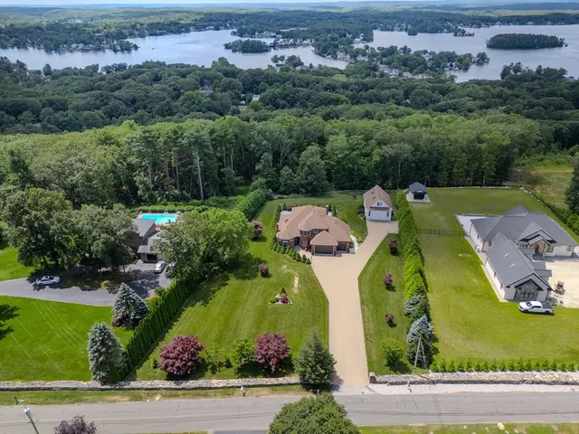 an aerial view of a swimming pool