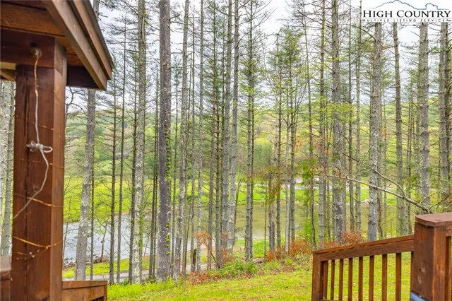 a swimming pool with tall trees