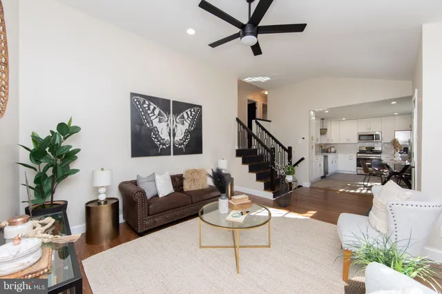 a living room with furniture and a potted plant