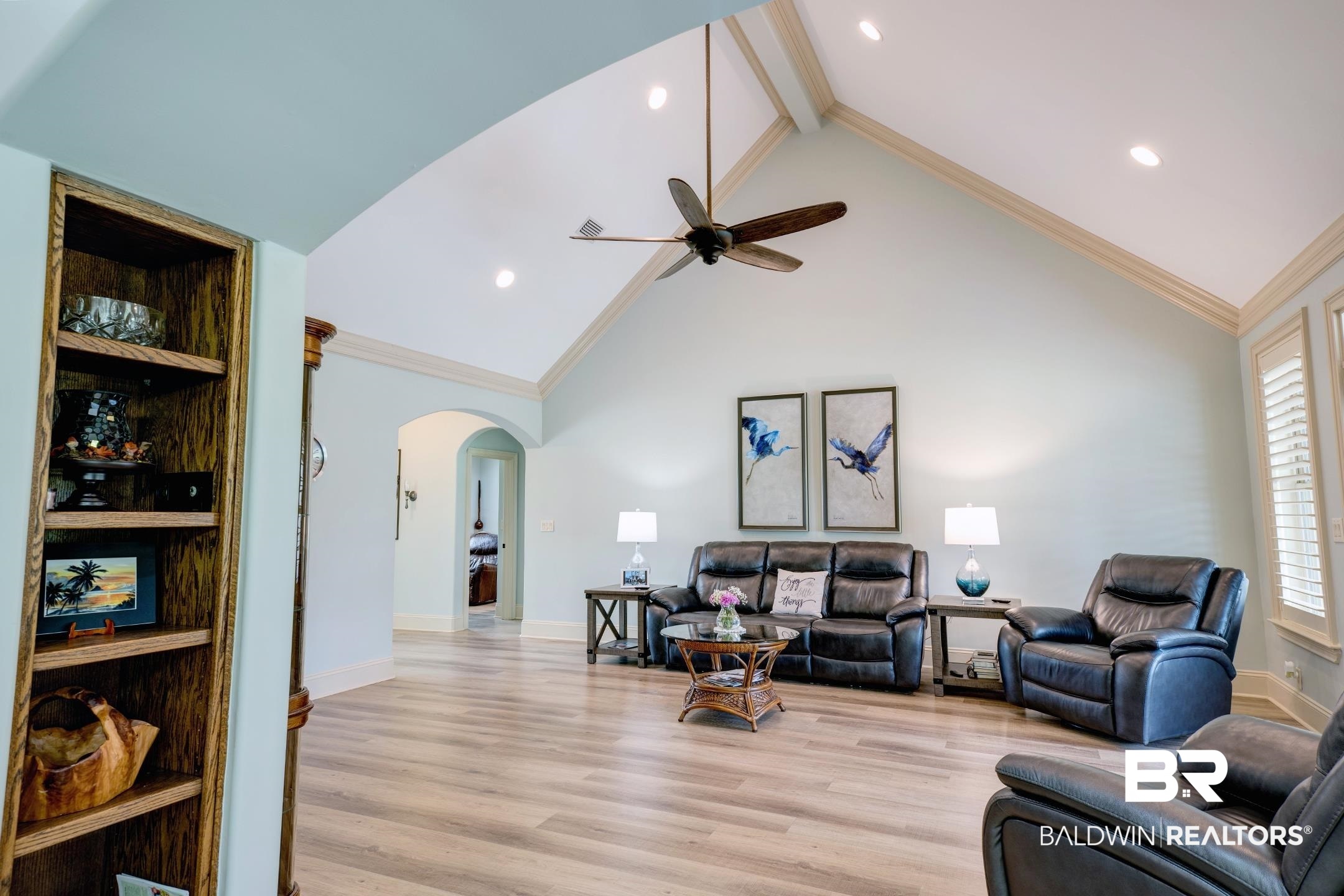 9357 Lakeview Drive Foley, AL 36535 - Photo 46 of 68 Vaulted ceiling living area featuring recessed lighting, a ceiling fan, and wood-finish flooring