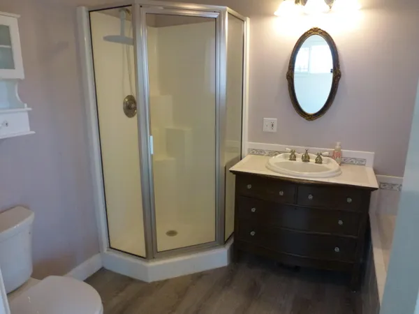 a bathroom with a sink a mirror and a shower