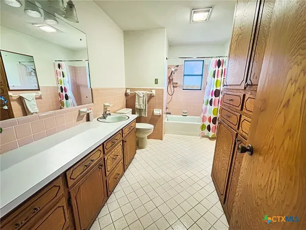 a bathroom with a sink a mirror and a shower