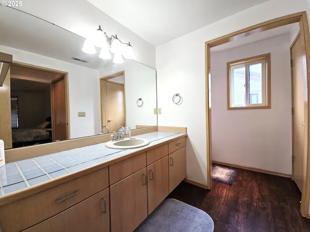 a bathroom with a double vanity sink mirror and shower