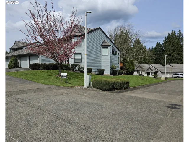 a view of a house with backyard and garden
