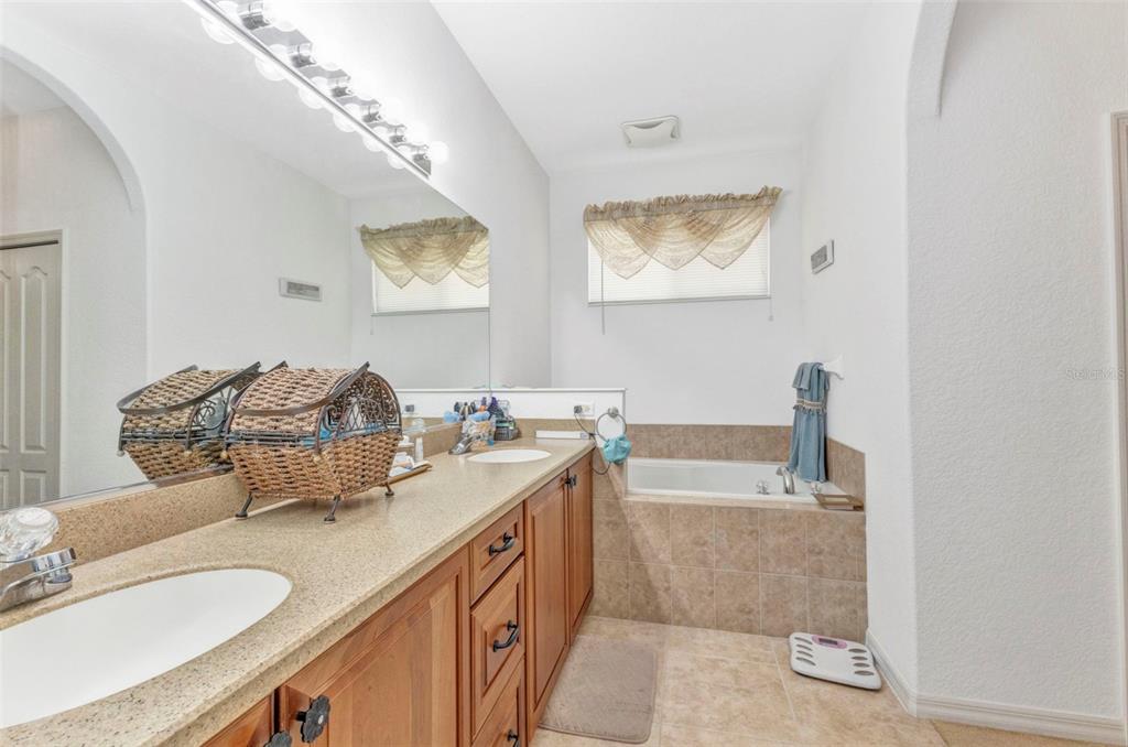 24504 Buckingham Way Punta Gorda, FL 33980 - Photo 15 of 42 a bathroom with a double vanity sink a mirror and a bathtub