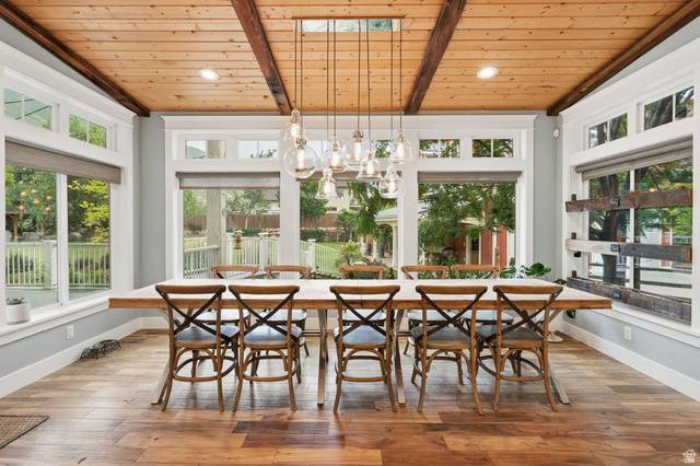 672 Perry Hollow Drive Mapleton, UT 84664 - Photo 31 of 106 Dining space featuring abundant natural light, wood-finish flooring, a wood plank ceiling with exposed beams, and a contemporary multi-light pendant fixture