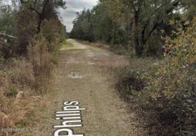 a view of a dry yard with wooden fence