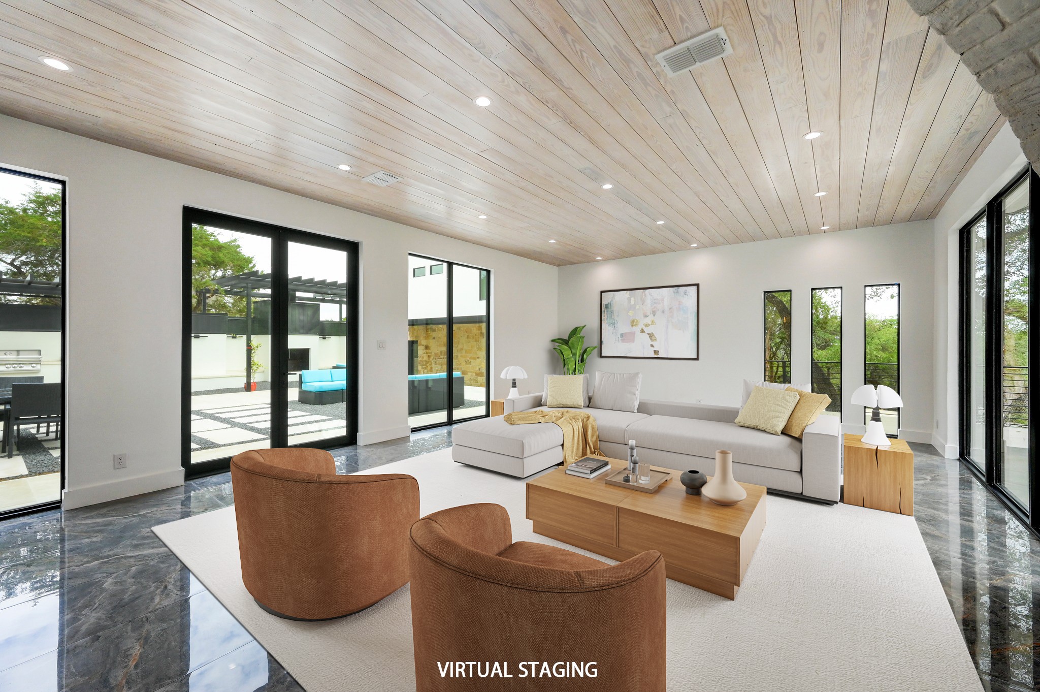 700 Rancho Grande Drive Wimberley, TX 78676 - Photo 8 of 39 Living area featuring a light-colored wood ceiling with recessed lighting, and expansive windows