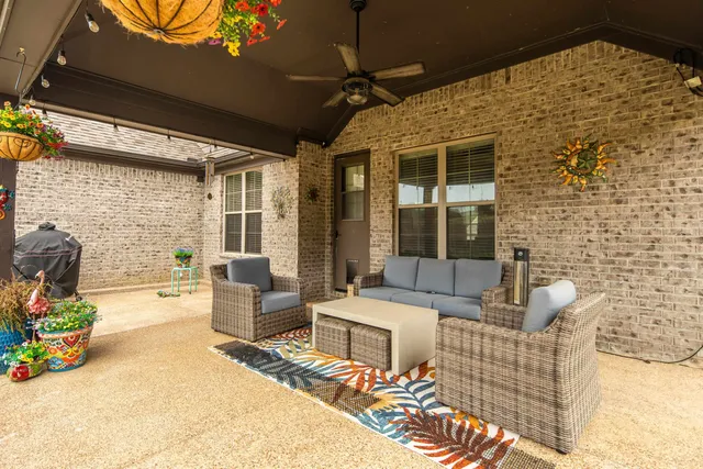 a building outdoor space with patio furniture