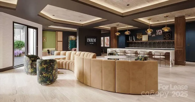 a dining hall with couches a flat tv screen and a dining table with garden view