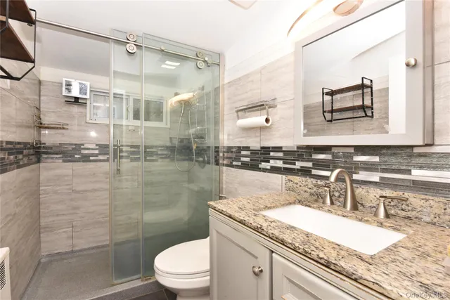a bathroom with a granite countertop sink a toilet and shower
