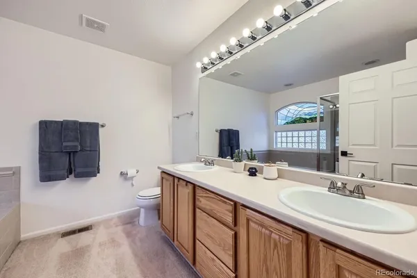 a bathroom with a granite countertop sink toilet and mirror