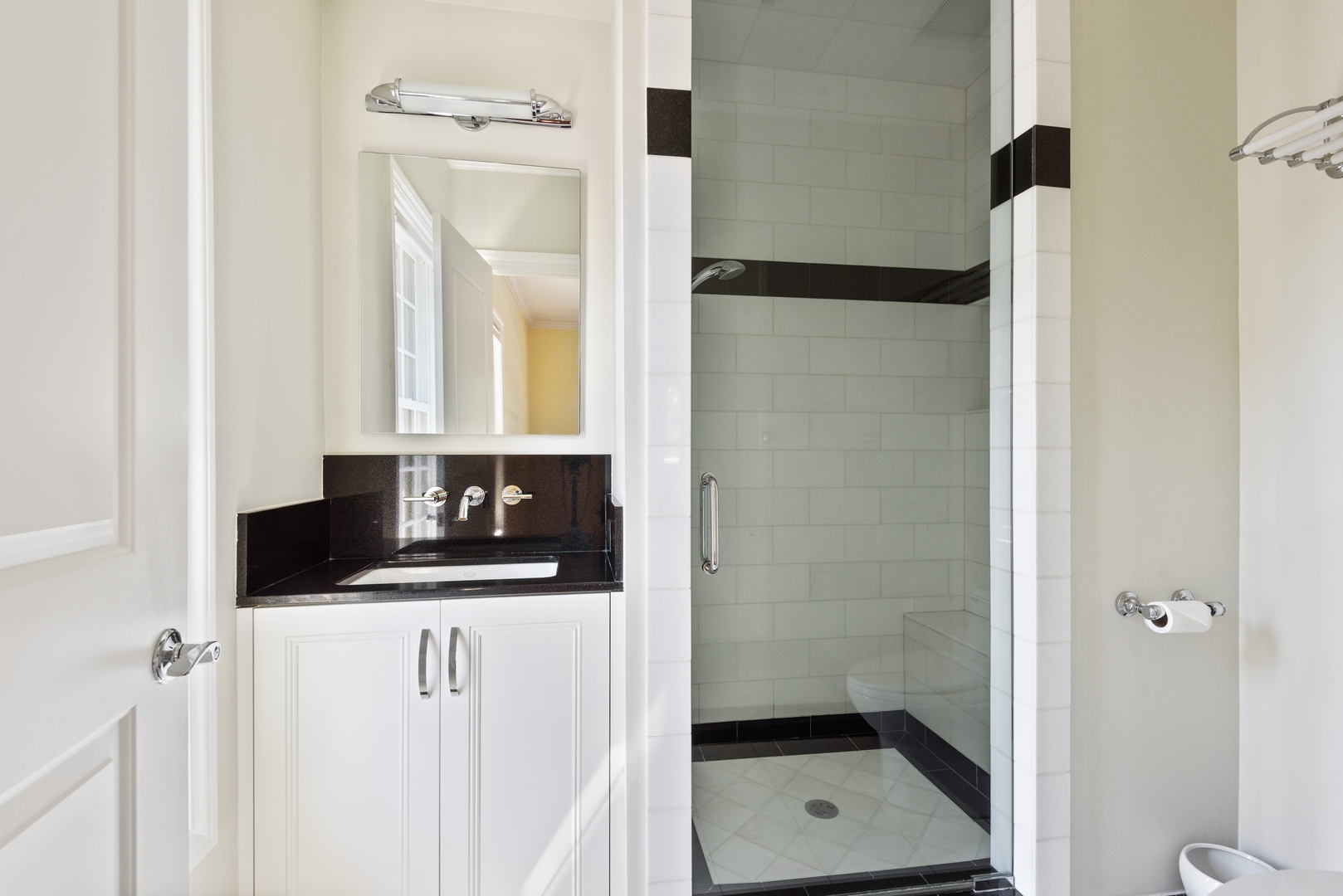 2015 Lake Avenue Wilmette, IL 60091 - Photo 22 of 45 a bathroom with a granite countertop shower a mirror and a sink