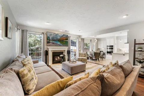 a living room with furniture and a fireplace