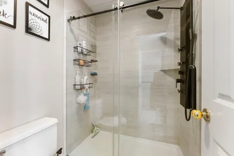 a bathroom with a shower and toilet