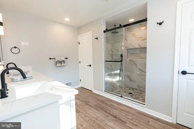 a bathroom with a sink and a shower